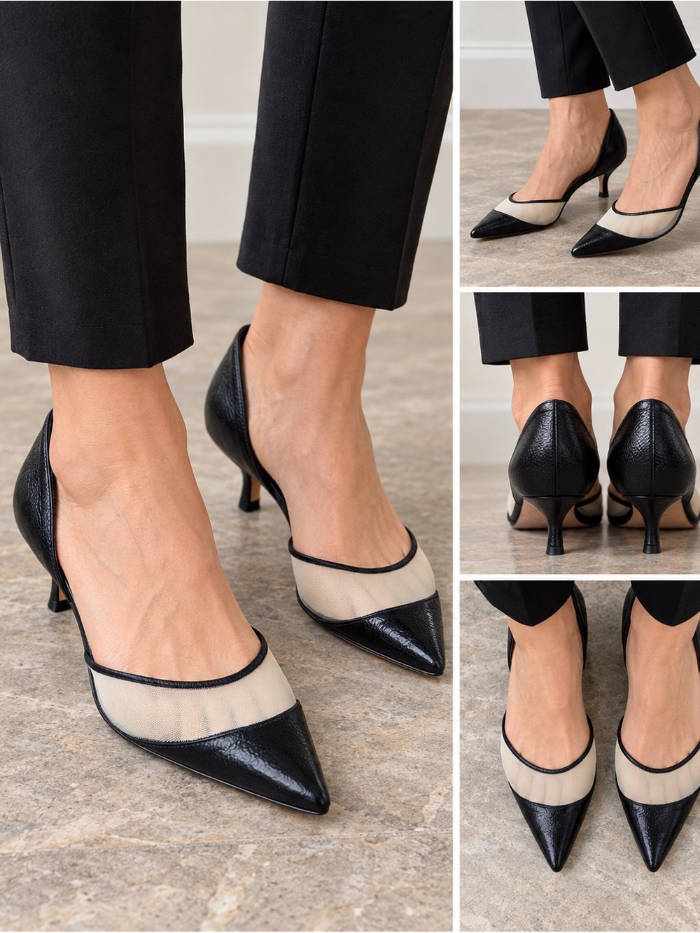 Butter Italian Made Leather Mesh D’Orsay Kitten Heels